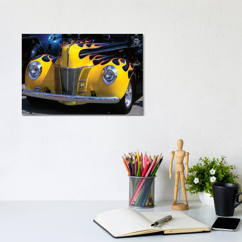 1939-1940 Ford Flame Job Painted Hot Rod Automobile Hood Headlights Grill Front Bumper - Wrapped Canvas Print