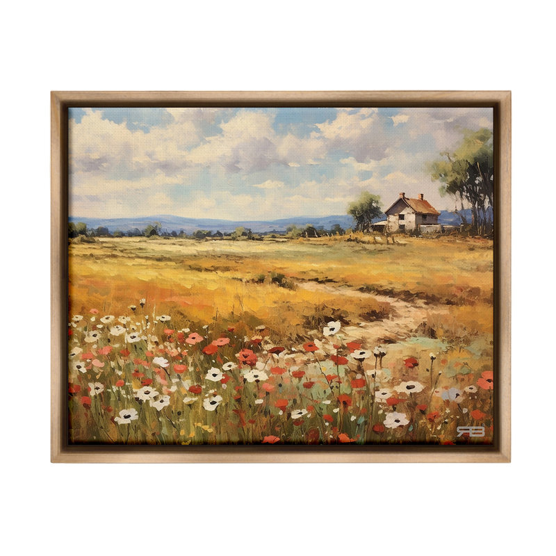 "Countryside Poppy Meadow" par RB sur toile, Cadre flottant orme Montalcino, H 25 po x l 31 po