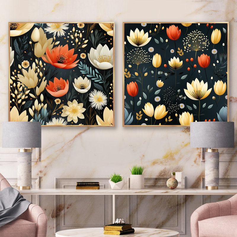 Adella - Ensemble de 2 collages floraux carrés, H 16 po x l 33 po, Cadre flottant doré