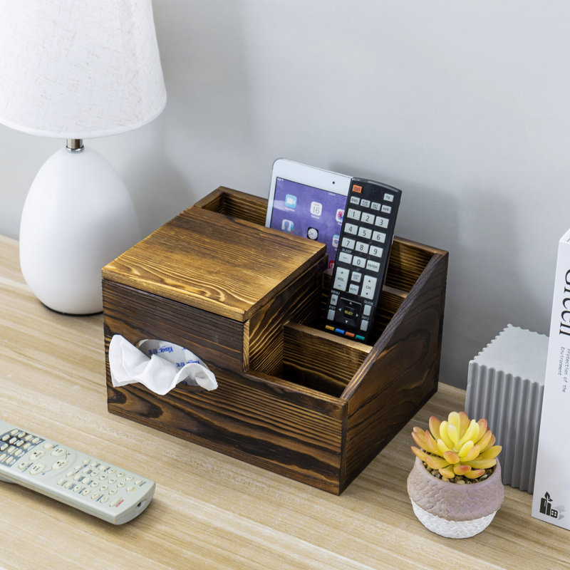 Wood Tissue Box with Remote Control Holder