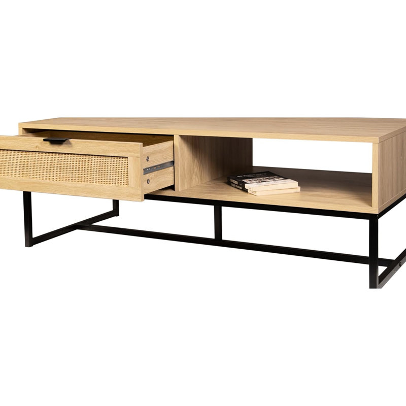 Meuble télé moderne de style bord de mer, fini bois naturel, tiroir et rangement, idéal comme meuble télé design dans une chambre, en bois, avec rangements multimédias.