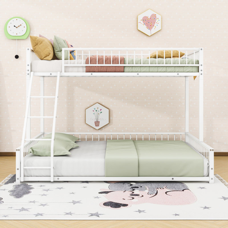 Heavy Duty Metal Bunk Bed Frame With Safety Guardrails And Ladder, Twin XL Over Queen, White