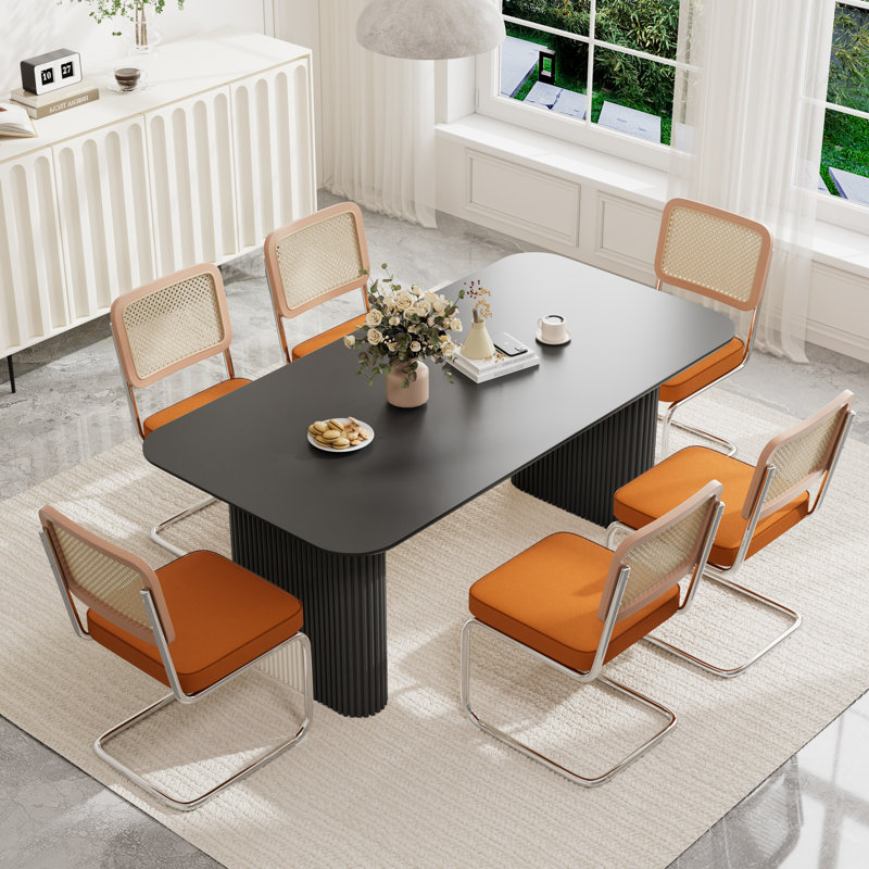 Ensemble de table de salle à manger rectangulaire à double piédestal, Noir, 7, Orange