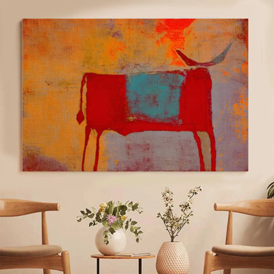 Canvas Wall Art - Abstract Red Bull with Turquoise Patch, Expressionist - 24" x 36" for Living Room and Bedroom