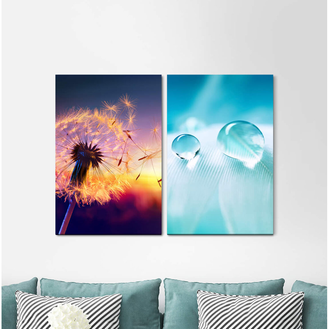 2-tlg. Leinwandbilder-Set - Fotografie „Blowball Water Pearl Feather Light Sunset Summer”