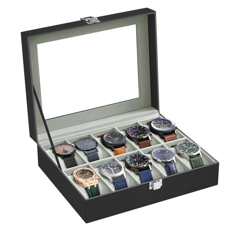 Boîte à montre à 10 emplacements, boîtier de montre avec coussins de montre amovibles, organisateur de boîte à montre, grande fenêtre en verre