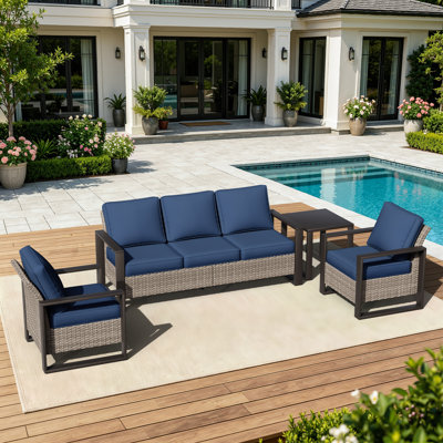 Contemporary Outdoor Wicker Sofa Set, 5-Piece Patio Furniture With Sturdy Metal Frame & Side Table