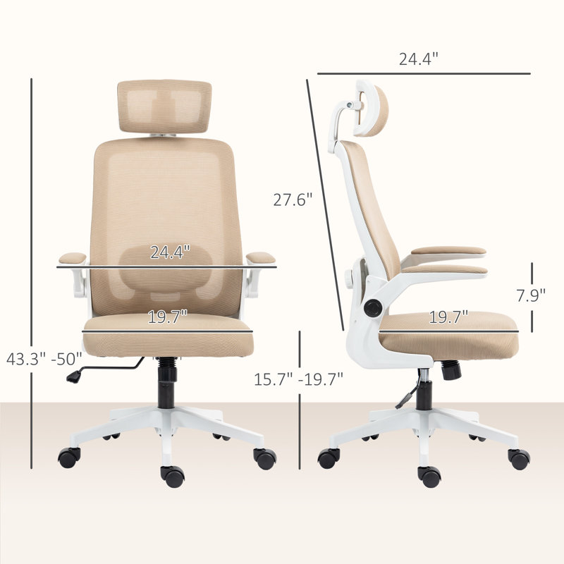 Chaise de bureau ergonomique avec accoudoirs rabattables, Kaki pâle, Blanc