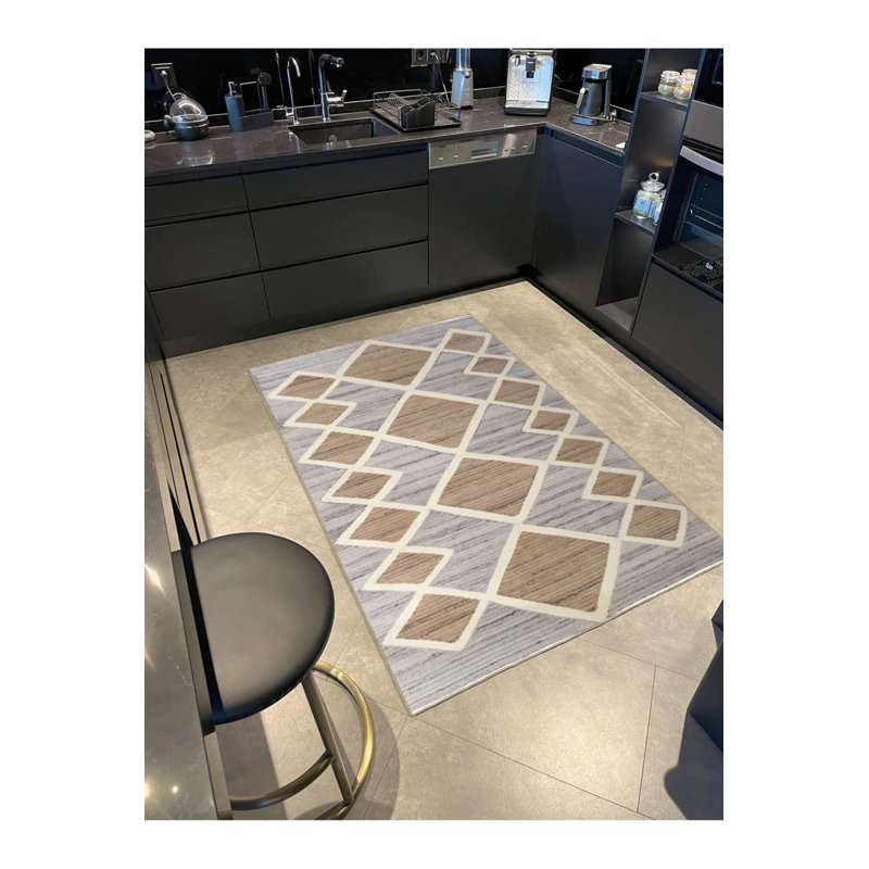 Decorative Washable Carpet In Yellow Tones With Geometric Patterns, Rectangle 2'4" x 4'