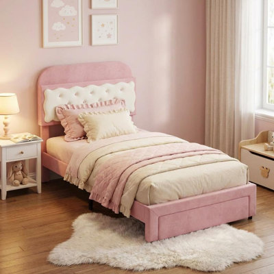 Twin Upholstered Platform Bed, Velvet Finish, Biscuit Tufted Storage Headboard with Drawer, Wood Slat Support, No Box Spring Required, Ideal for Modern Bedroom Spaces