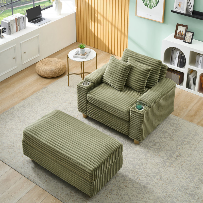 Canapé simple en velours côtelé de style élégant avec un oreiller, deux coussins décoratifs, un repose-pieds et deux espaces de rangement