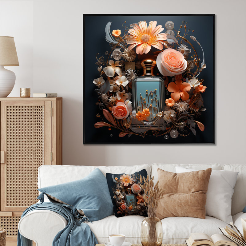 «Perfume Bottle with Pink Blossoming Flowers», reproduction sur toile, H 30 po x l 30 po x P 1 po, Cadre flottant noir