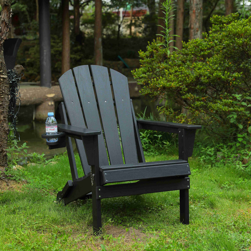 HDPE Folding Adirondack Chair With Dual Cup Holder - Composite Adirondack Chair With Wood Texture, Black
