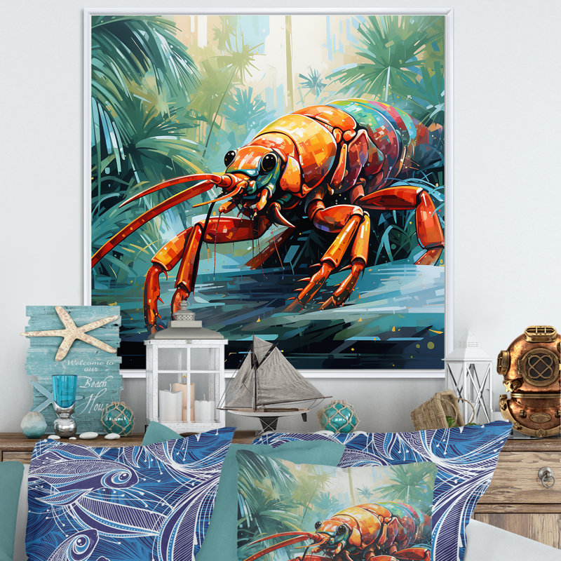 «Tropical Red Lobster 1 - Coastal Animal», art mural, Cadre flottant blanc, H 36 po x l 36 po