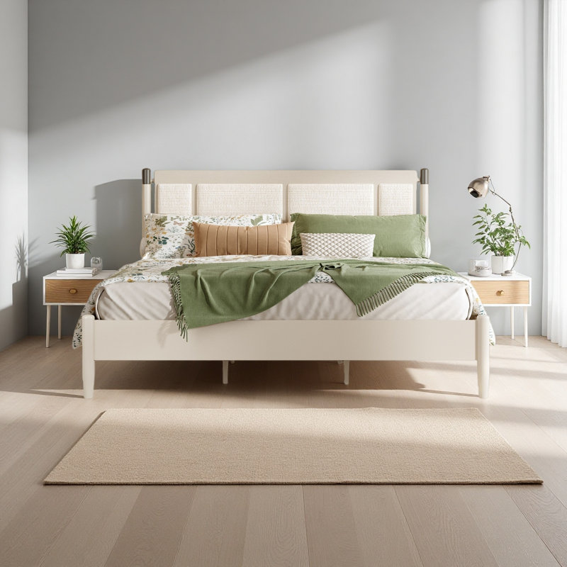 Lit en bois massif, sans sommier tapissier, tête de lit tapissier avec poignées en métal, Très grand lit, Gris clair
