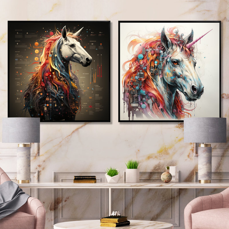 «Colorful Mythical Unicorns I», ensemble de 2 reproductions d'art mural licornes, Cadre flottant noir