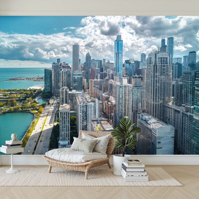 Peel and Stick Wallpaper 96" W x 69" H Modern Self Adhesive Wall Mural for Bedroom Chicago skyline aerial drone view from city Chicago downtown