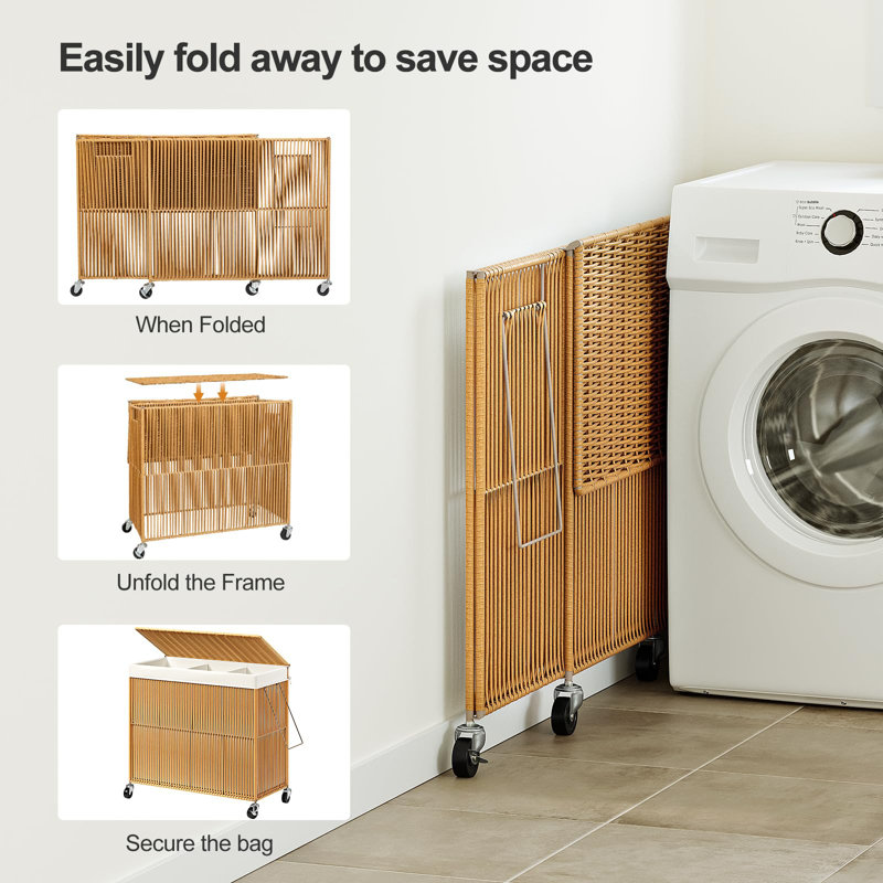 Natural Wicker Rolling Laundry Hamper with Removable Liner Bags