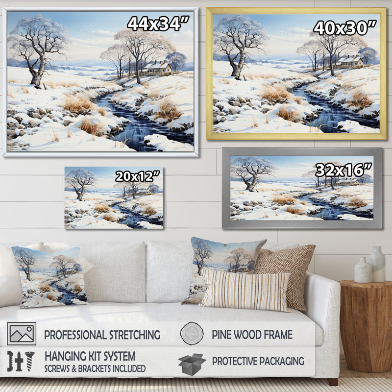 Snow River Winters Solitude sur toile, Cadre simple noir, H 34 po x l 44 po x P 1,5 po