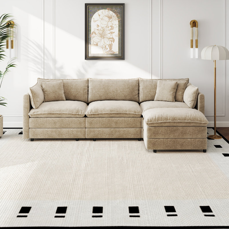 Canapé-lit en chenille moderne avec repose-pieds, Chenille café, H 33,85 po x l 112,2 po x P 35,82 po