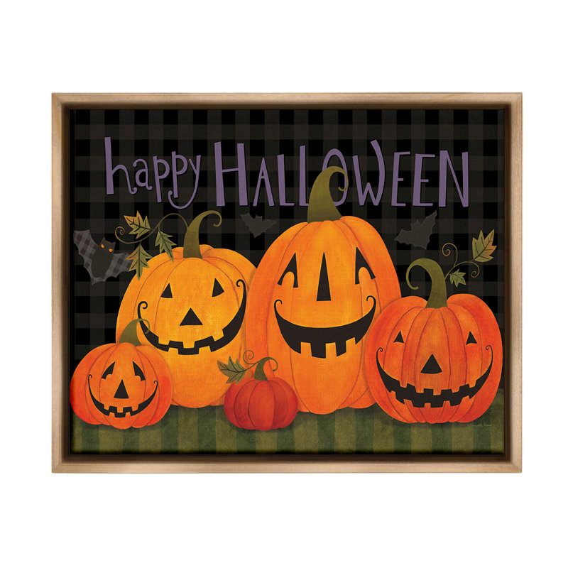 «Halloween sourire Jack-o-Lanterns» par Bernadette Deming sur, H 17 po x l 21 po, Cadre flottant orme Montalcino