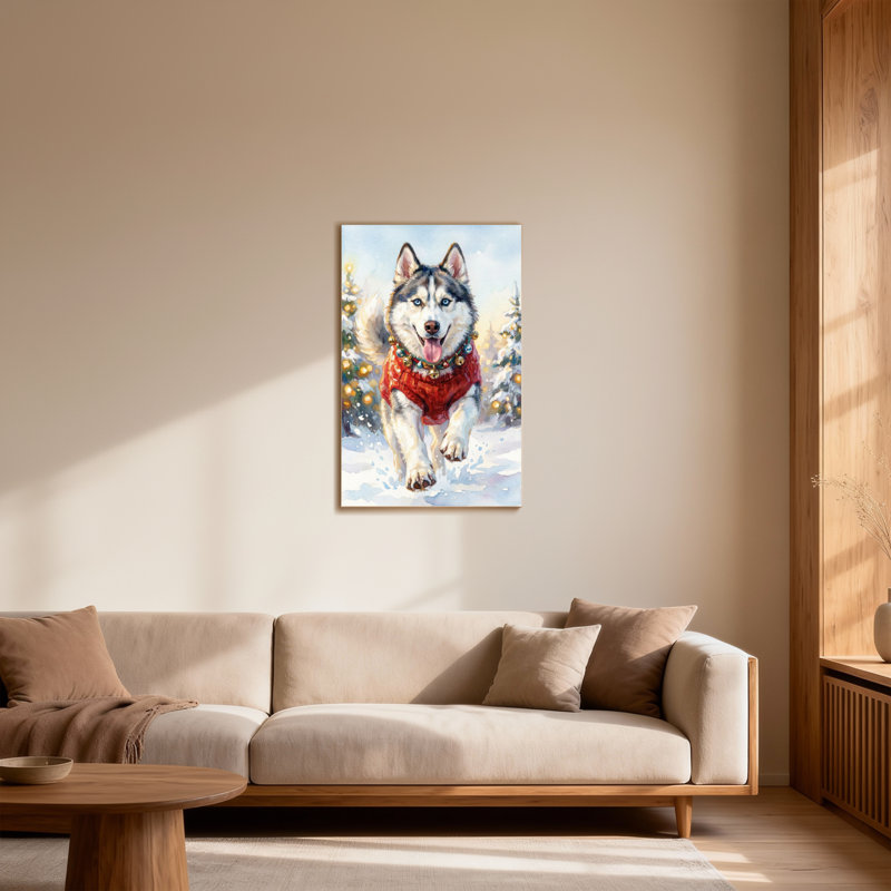 Animaux Husky portant un chandail rouge dans une scène de Noël enneigée, H 36 po x l 24 po