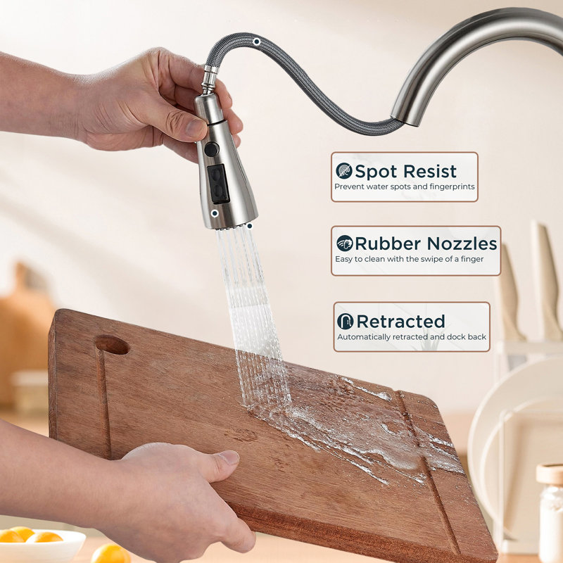 Stainless Steel Kitchen Faucet With Pull-Down Sprayer, High Arc Single Handle, Suitable For 1 Or 3 Holes., Stainless Steel