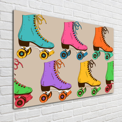 Glass Print Wall Art 100X70cm Image Printed On Glass Decorative Wall Picture Behind Toughened / Tempered Safety Real Glass For Kitchen & Living Room Theme:Colorful Roller Skates