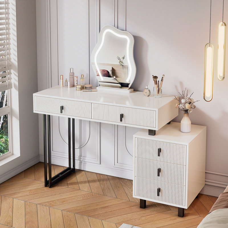 Meuble-lavabo à longueur réglable avec miroir à DEL Cloud - Table de maquillage moderne avec tiroirs de rangement et armoire latérale
