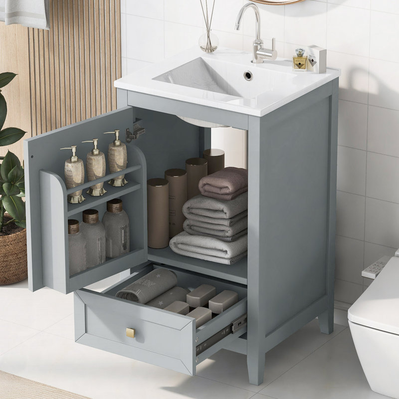 Meuble-lavabo avec lavabo, armoire de salle de bain avec porte à fermeture douce, support de rangement et tiroir, Gris
