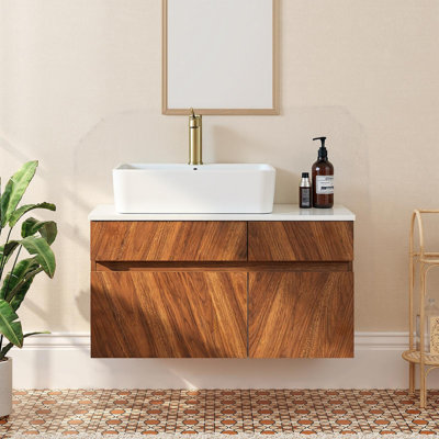 31.5" Wall-Mounted Bathroom Vanity, Faux Marble Top with Ceramic Vessel Sink, Walnut Finish