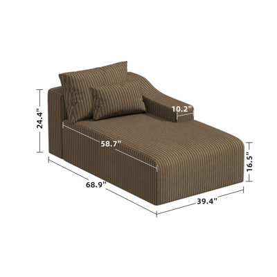 Compression Modern Corduroy Chaise Lounge, Comfortable Upholstered Chaise with Pillows for Living Room Bedroom Brown Left Chaise