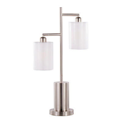 Lampe de table contemporaine en métal nickelé avec abat-jour blanc