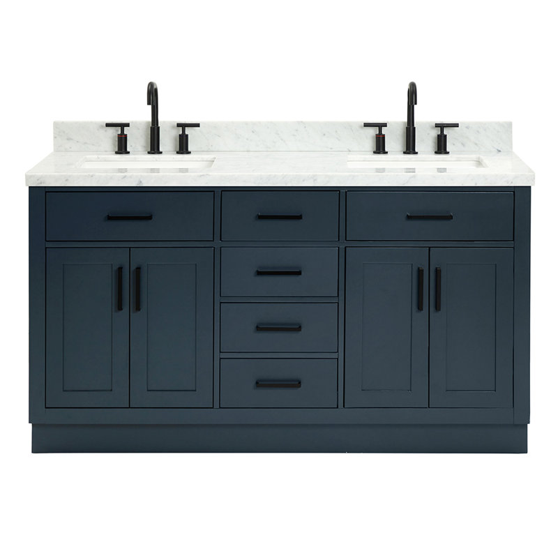 Meuble-lavabo double en bois massif Tidworth avec plateau en marbre de Carrare de 1,5 po, Bleu minuit / noir mat