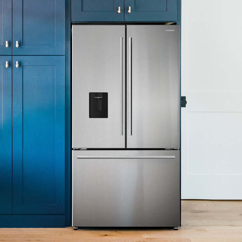 Cosmo 36 in. Lumin Collection 22.4 cu. ft. Counter Depth French Door Refrigerator, Water Dispenser, Ice Maker, Stainless Steel