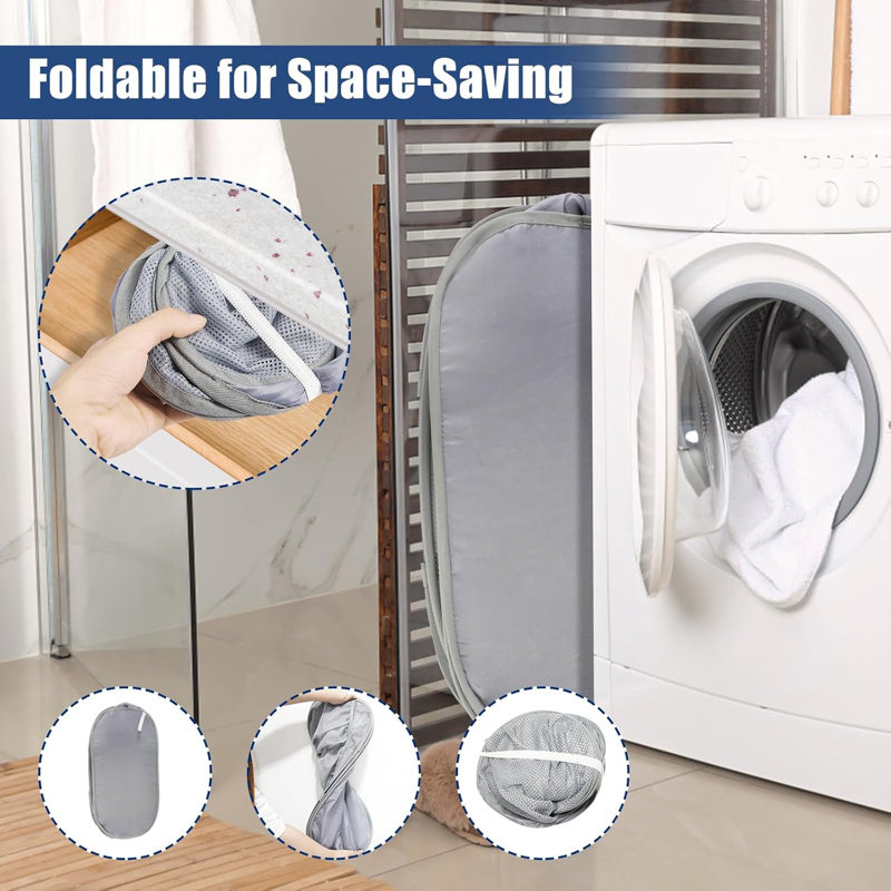 90L Pop-Up Collapsible Laundry Hamper with 6 Pockets, Foldable Steel Frame Storage Basket for Dorm Bedroom Beach Travel