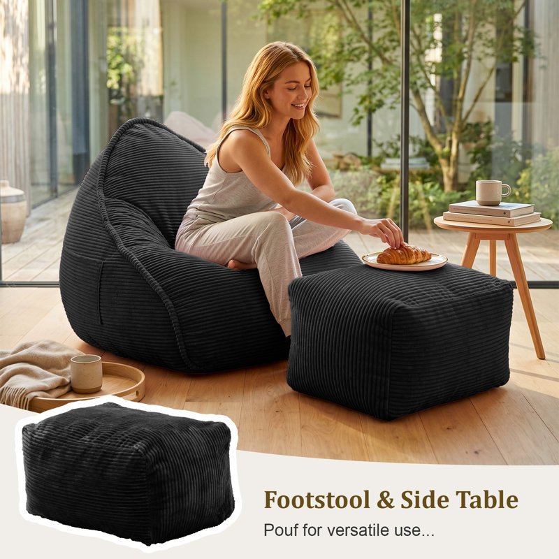 Large Bean Bag Chair Set with Ottoman and Side Pocket for Adults, Black Corduroy