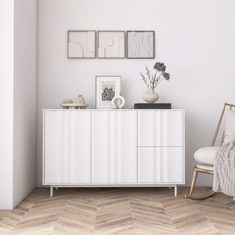 Armoire de rangement à motif de vagues avec 2 portes et 2 tiroirs, Blanc