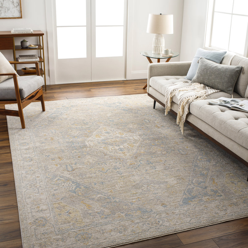 Tapis oriental en polyester tissé à la machine Don / Gris / Beige / Or, Rectangle 2 pi 7 po x 4 pi