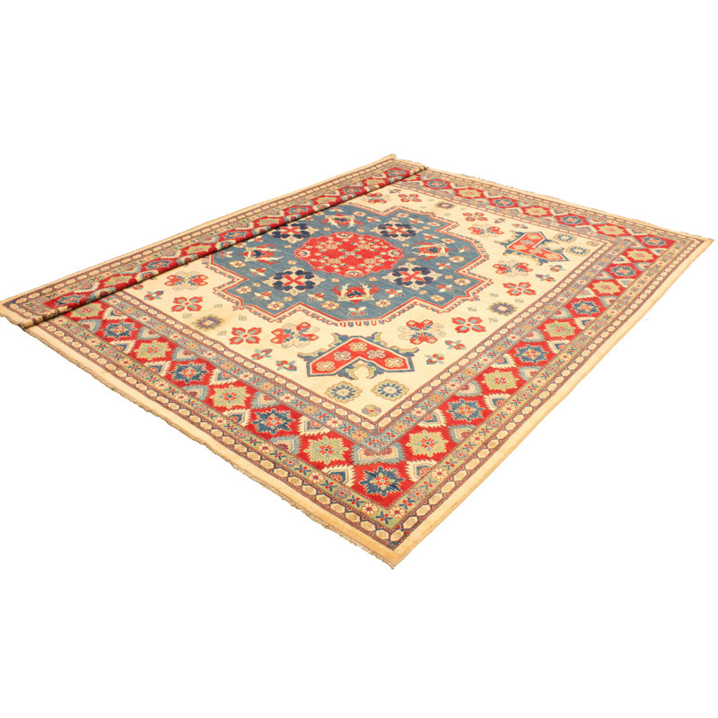 Tapis décoratif en laine carrée beige/rouge à motif de noué à la main New Age 13 pi Dhana