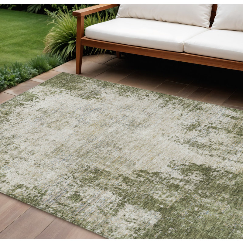 Tapis extérieur lavable abstrait vert olive et ivoire 9 pi x 12 pi