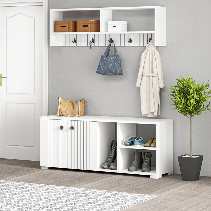 Meuble de couloir moderne blanc avec crochet mural et armoire à chaussures, panneau de particules enduit de mélamine à 100%, épaisseur de 0,7 pouce | Solution de rangement élégante pour le vestibule, conception rayée élégante