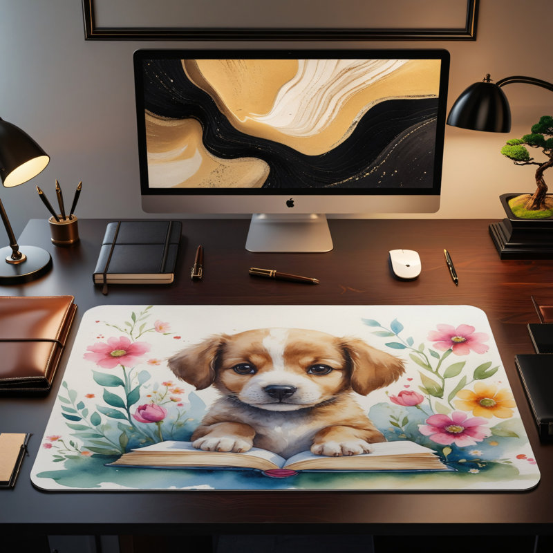 Cute Puppy Floral Desk Mat, 23.6x13.8