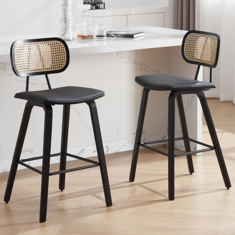 26" Modern Upholstered Low Back Rattan Wood Counter Height Stool, Black, Black