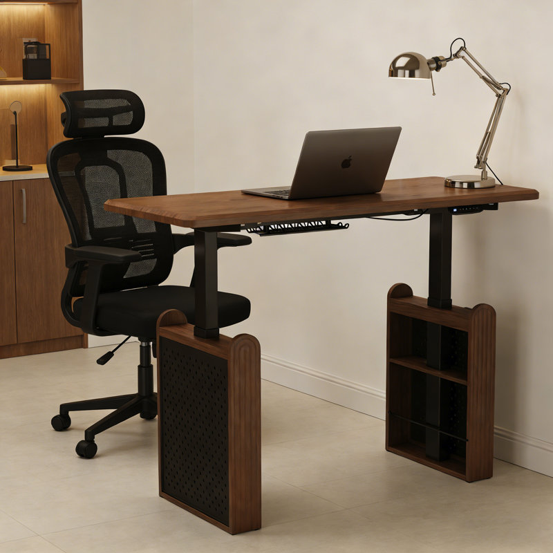 Modern Simple Brown Rubber Wood Electric Height-Adjustable Desk, H 28,35 po x l 55,12 po x P 23,62 po