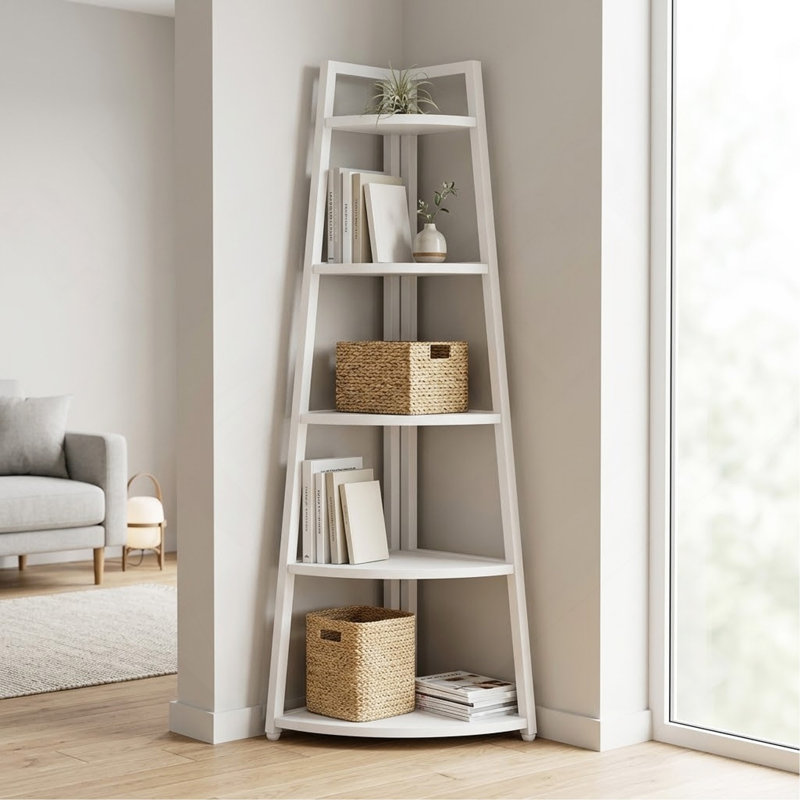 Étagère d'angle de 178 cm (70 po), tablette de rangement d'angle à 5 niveaux avec bibliothèque d'échelle, Blanc
