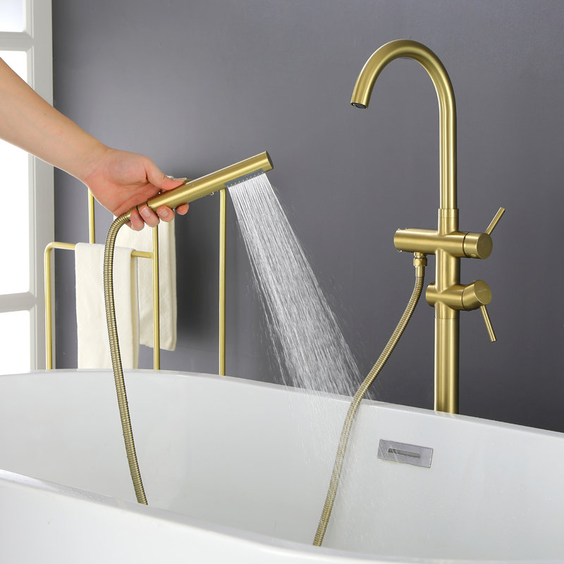 2 Handle Floor Clawfoot Tub Faucet with Diverter, Brushed Gold