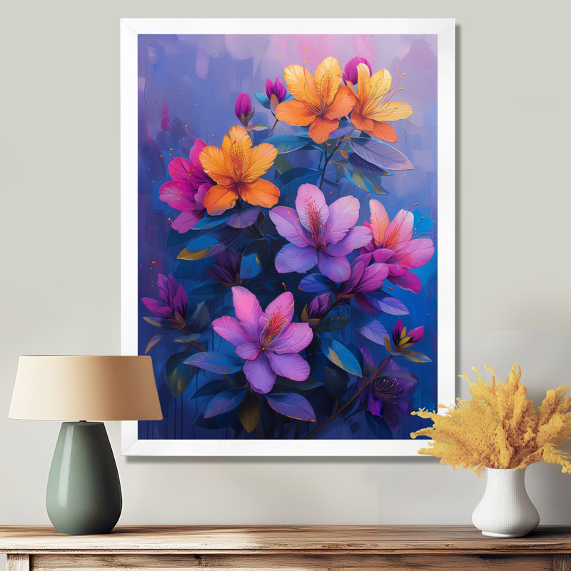 Vibrant violet rhododendron été symphonie I - décoration murale rhododendron, Cadre flottant doré, H 12 po x l 20 po