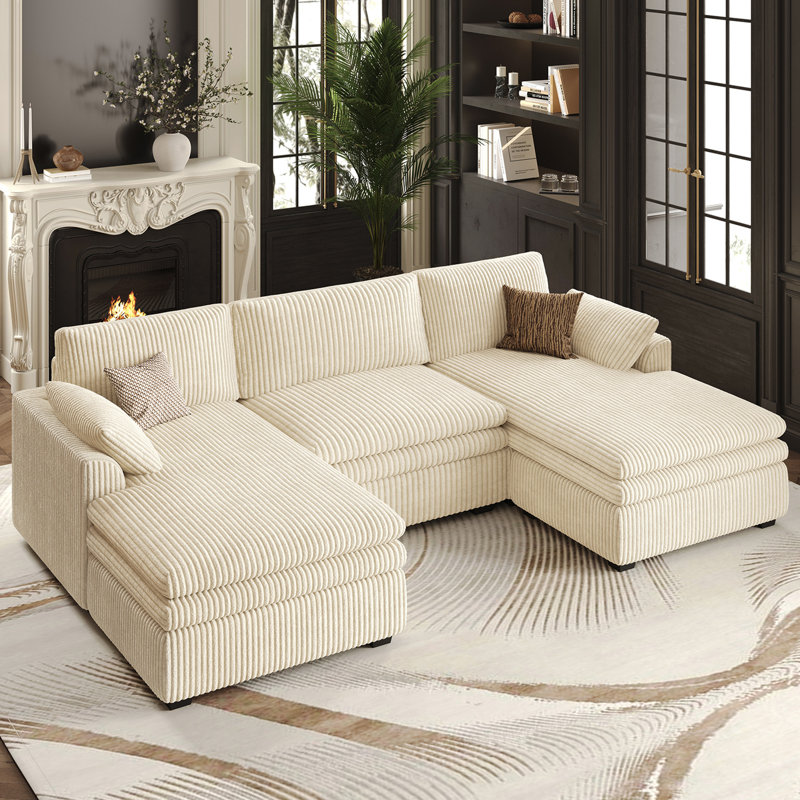 Corduroy 3-Seat Sofa U Shaped Couch For Livingroom Apartment, Beige Corduroy