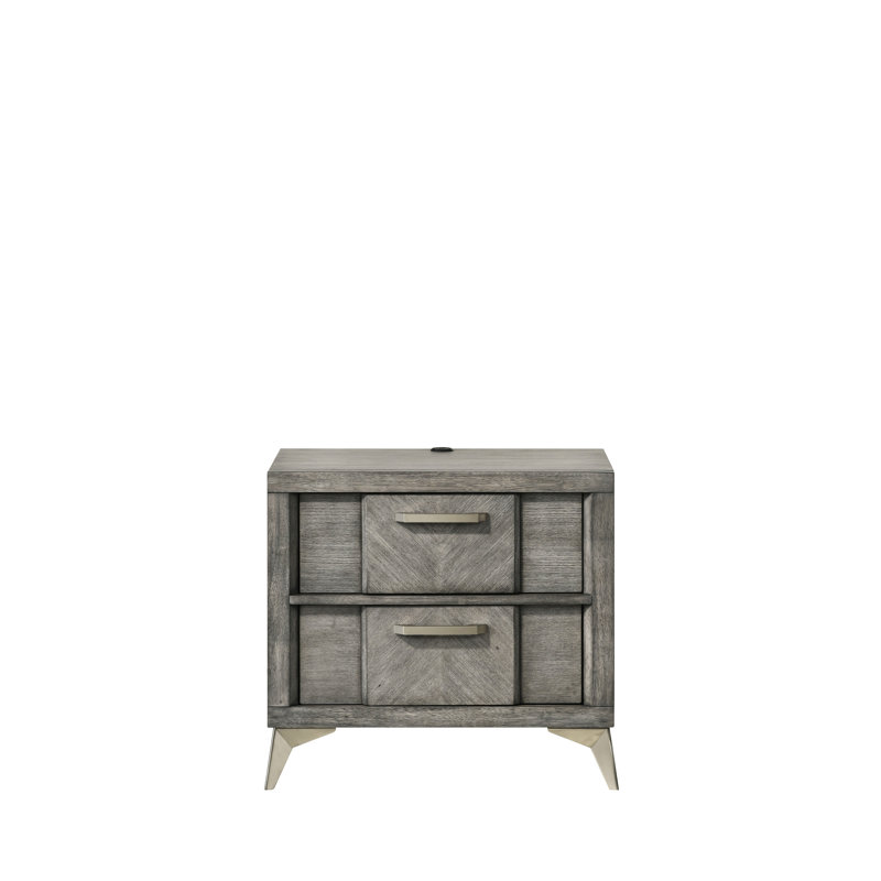 Table de chevet en placage gris avec 2 tiroirs et tiroir de rangement à finition antique avec pieds